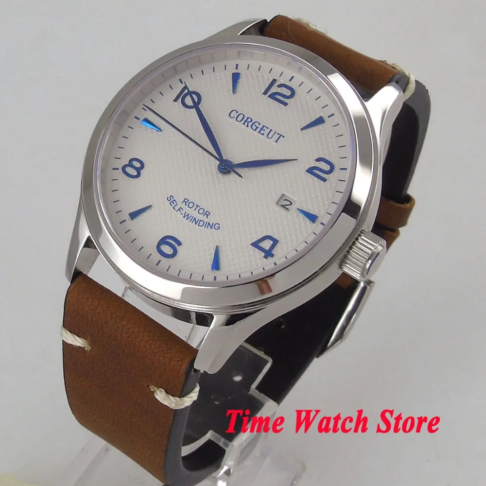 

Hot Corgeut 42mm Miyota 8215 Automatic men's watch Sapphire glass white dial date luminous Waterproof leather strap101