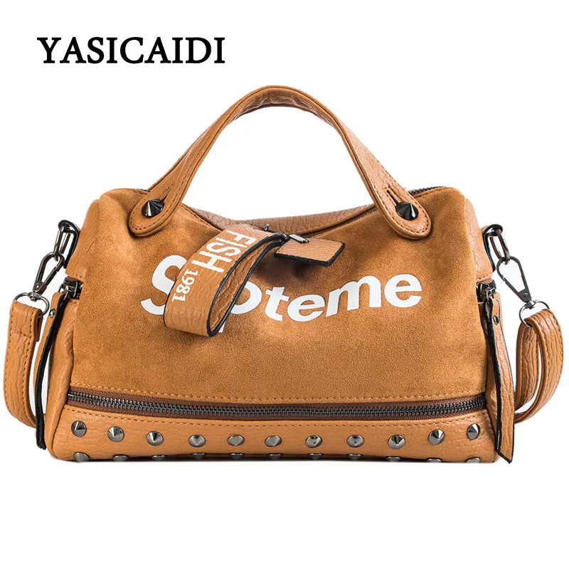 

YASICAIDI PU Leather Women Handbags Fashion Large-capacity Rivet Portable Boston Bag Matte Shoulder Messenger Bag Letter Tote