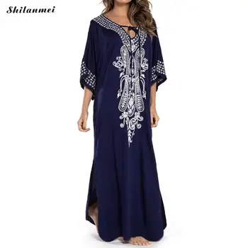 

Free Size Maxi Dress Beach Bikini Cover Up Summer Vintage Boho Style Casual Embroidered Beach Maxi Dress Half Sleeve Robe