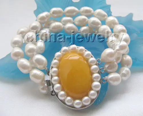 

Beautiful 3row 8" 10-12mm natural white baroque freshwater pearl bracelet-yellow @^Noble style Natural Fine jewe SHIPPING 5.25