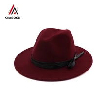 QIUBOSS шерсть шляпа, шляпа фетровая Панама Федора Джаз солнце пляж Стиль с Черный кожаный ремешок для человека Для женщин Картежник Шляпа Fedora QB35
