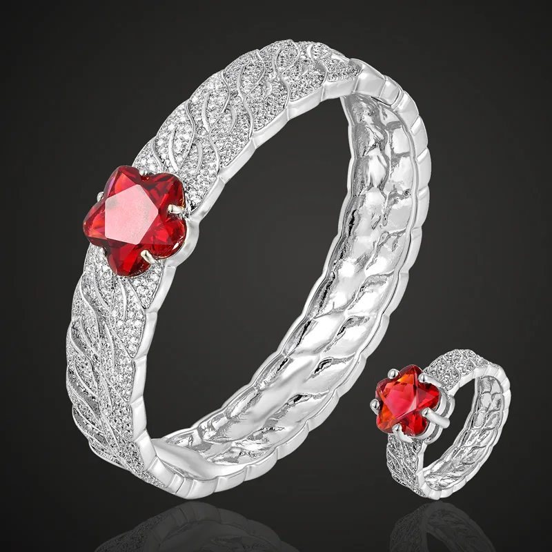 

Zlxgirl high quality red pink cubic zircon flower bangle ring bridal accessory sets women's brand copper bangle and ring sets