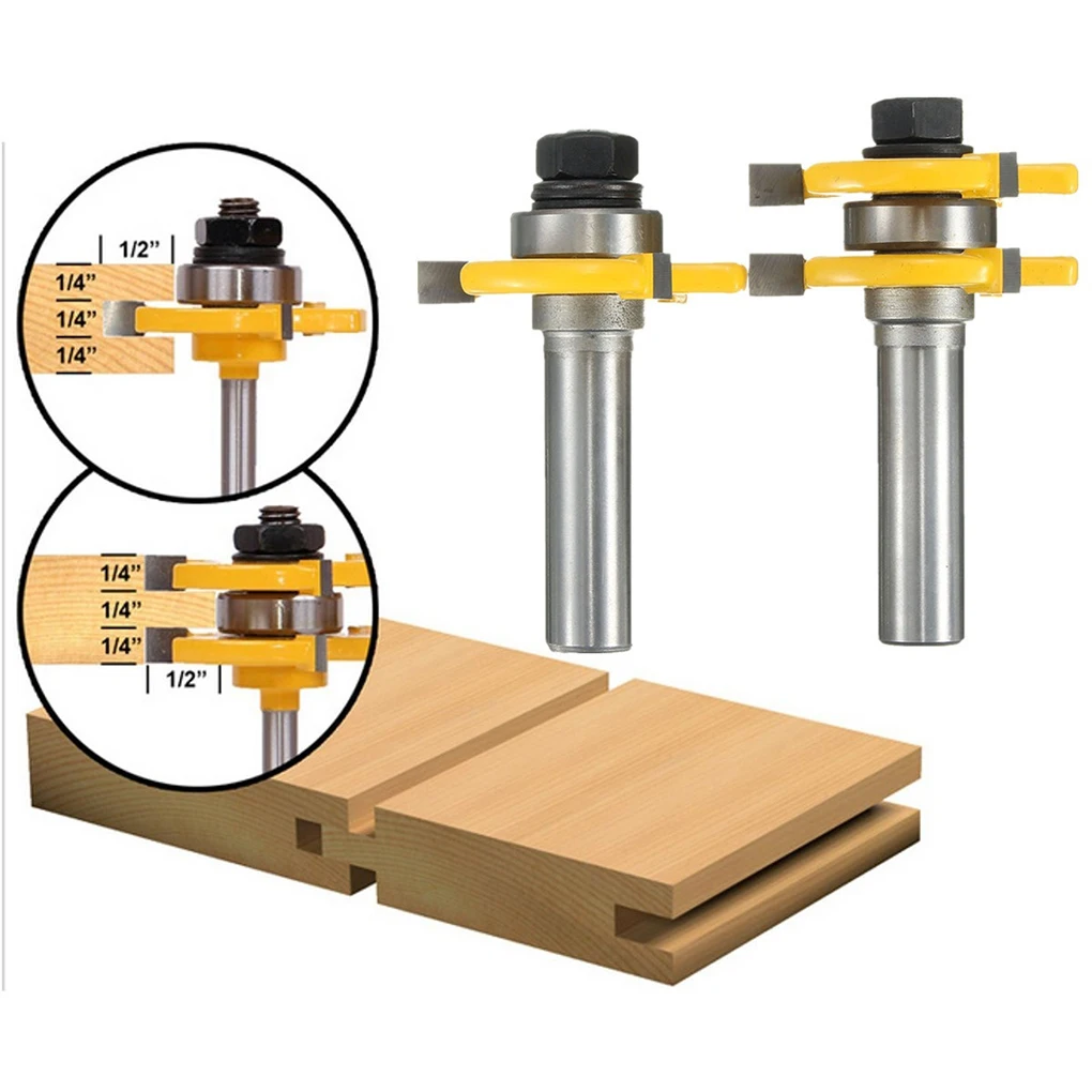 

2PCS 1/2 Shank Tongue and Groove Set Wood Milling Cutter T Shape 3 Teeth Grooving Router Bit Tool