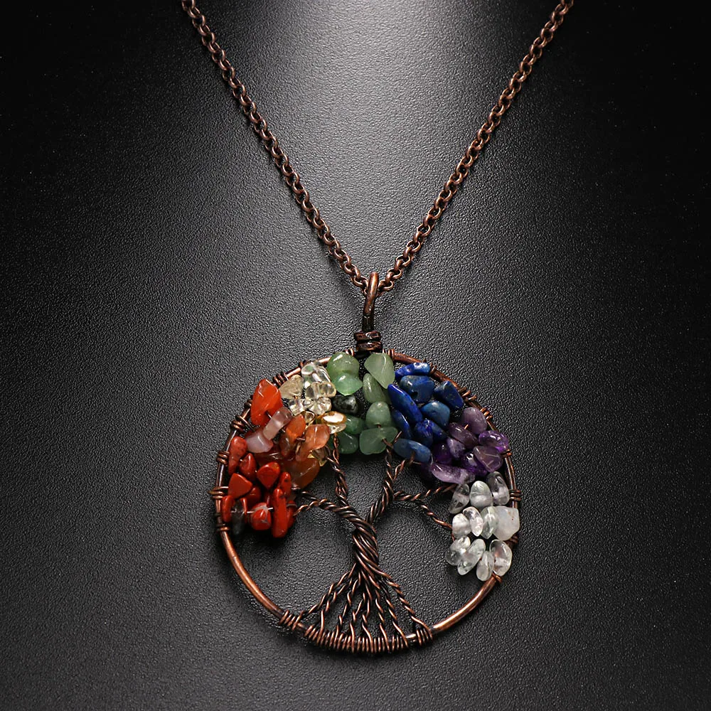 

Color Rock Crystal Gravel Chakra Tree Of Life Stone Inlay Pendant Necklace Fashion Jewelry For Women Jewelry bijoux Crystal Gift