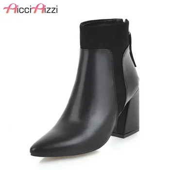 

ZALAVOR Women High Heels Ankle Boots Winter Plush Fur Warm Shoes Woman Patchwork Zipper Pointed Toe Sexy Footwear Size 34-43