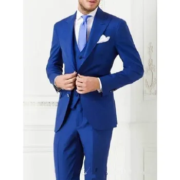 

2020 Men Suits For Wedding Prom Blue Three pieces (Jacket+Pants+Vest) Slim Fit Best Man Groom Tuxedos Men Suit Set Regular Style