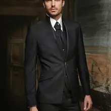 Смокинг жениха на заказ, Черный Жених, отворот китайского стиля, свадебный/вечерний костюм, лучший мужской Жених(пиджак+ брюки+ галстук+ жилет) B446