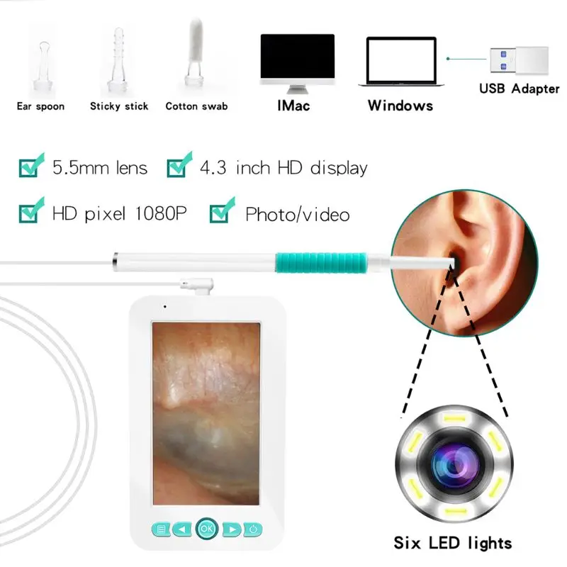 

4.3" HD 1080P Endoscope Borescope Camera Ear Cleaning Spoon with Screen & 6 LED