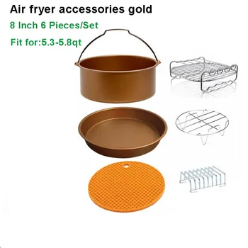 

New Air Fryer Accessories, Gold 8 inch Set of 6 Pcs Air Fryer Accessories, Fit Airfryer 5.3qt-5.8qt