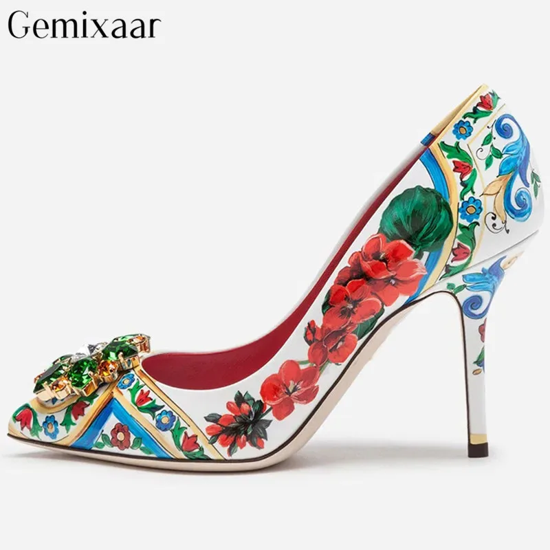 

Sweet Print Flower Decor Flower Crystal Women Shoes Point Toe Shallow High Stiletto Heels Sapatos Elegant Unique Pattern Pumps
