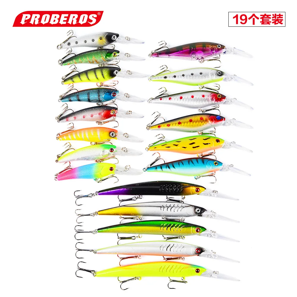 

19pcs/set mixed Fishing Lure Set Catfish Minnow Pike Fishing Tackle Artificial Fish Popper Plastic Artificial Bait Supplies