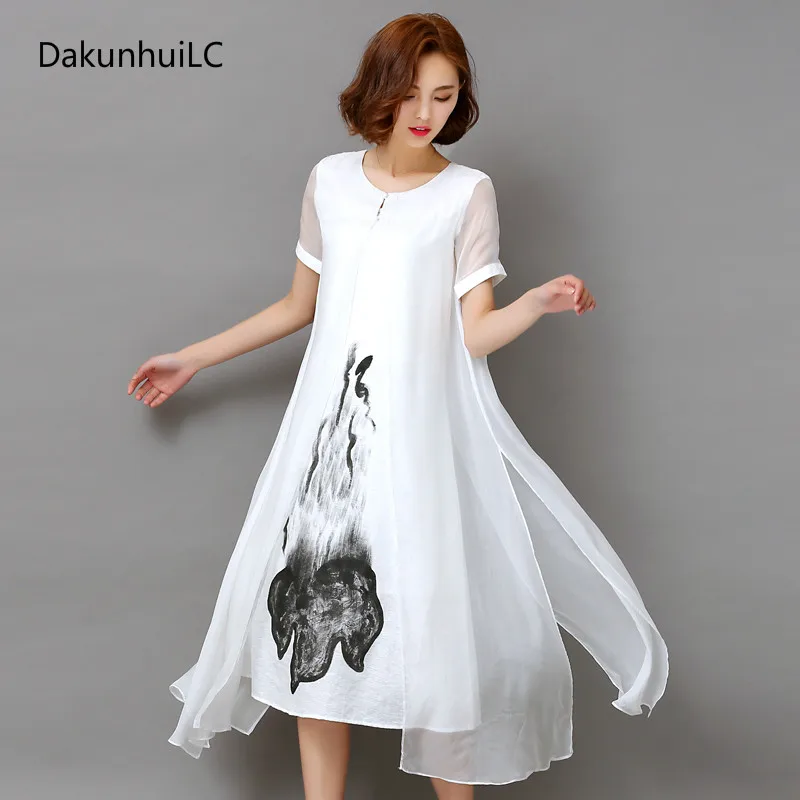 

Beautiful !! High Quality 2019 New Spring Summer Women Work Wear Ink Print Retro Cotton Linen Designs Casual Dresses Slim White