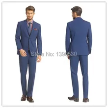 Новое поступление, однотонный синий шерсть, 2 предмета(куртка+ брюки), две пуговицы, лацкан с двойными отверстиями, деловой строгий костюм для мужчин