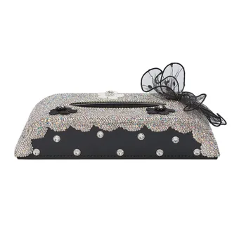 

Shiny Tissue Box Rectangular Holder Auto Organiser PU Car Paper Tissue Box Cover With Styling Diamonds And Flowers Pattern