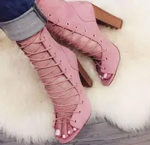 Big Size 11 Women Pink Ankle Boots Peep Toe Lace-up Gladiator Sandals Bootie Cut-out Thick Heels Short Boots Women Pumps Big Size 11 Women Pink Ankle Boots Peep Toe Lace-up Gladiator Sandals Bootie Cut-out Thick Heels Short Boots Women Pumps