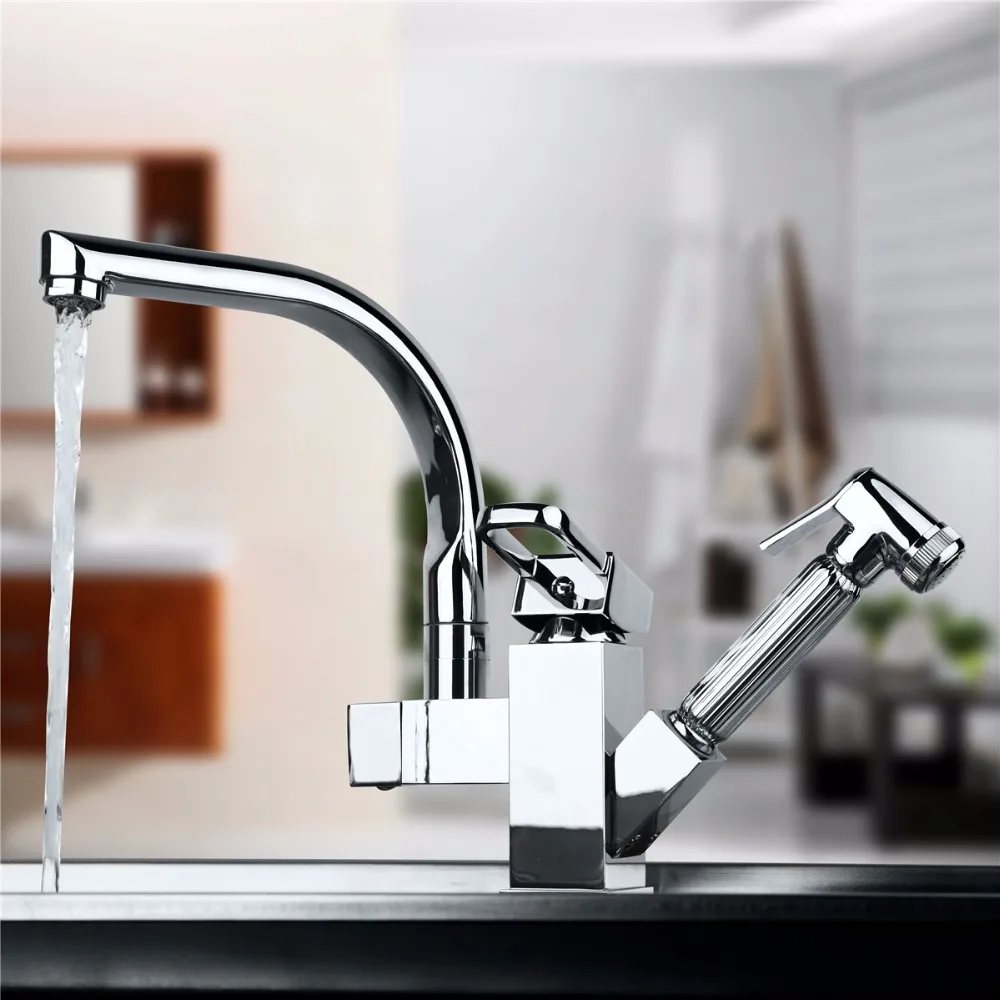 NEW Brass Kitchen Faucet Sink Mixer Tap With Pull Out Spray Swivel Spout Chrome Deck Mounted