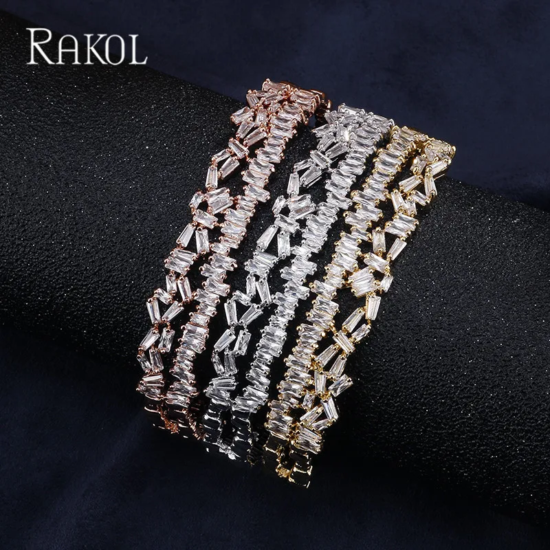 

RAKOL Fashion Design Paved Column Cluster With Rose Gold Color Sparkling Bangles For Women White Gold Color Open Bracelets