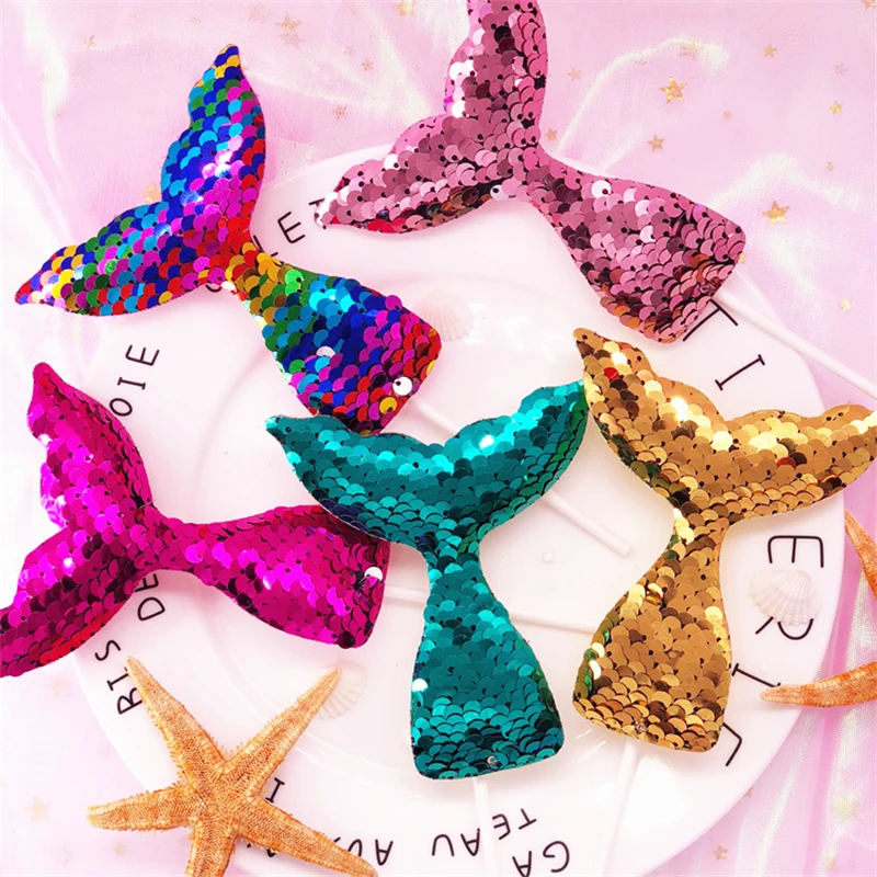 Hawaii Party Decoration DIY Supplies 5Pcs Sequins Mermaid Tail Cake Decoration Cake Insert Birthday Party Decor Baby Shower,Q