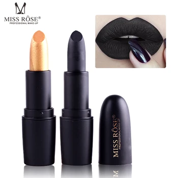 

New Fashion Matte Lips Stick Color Cosmetics Long Lasting Pigment Miss Rose Brand Waterproof Shimmer Gold Black Lipstick Makeup