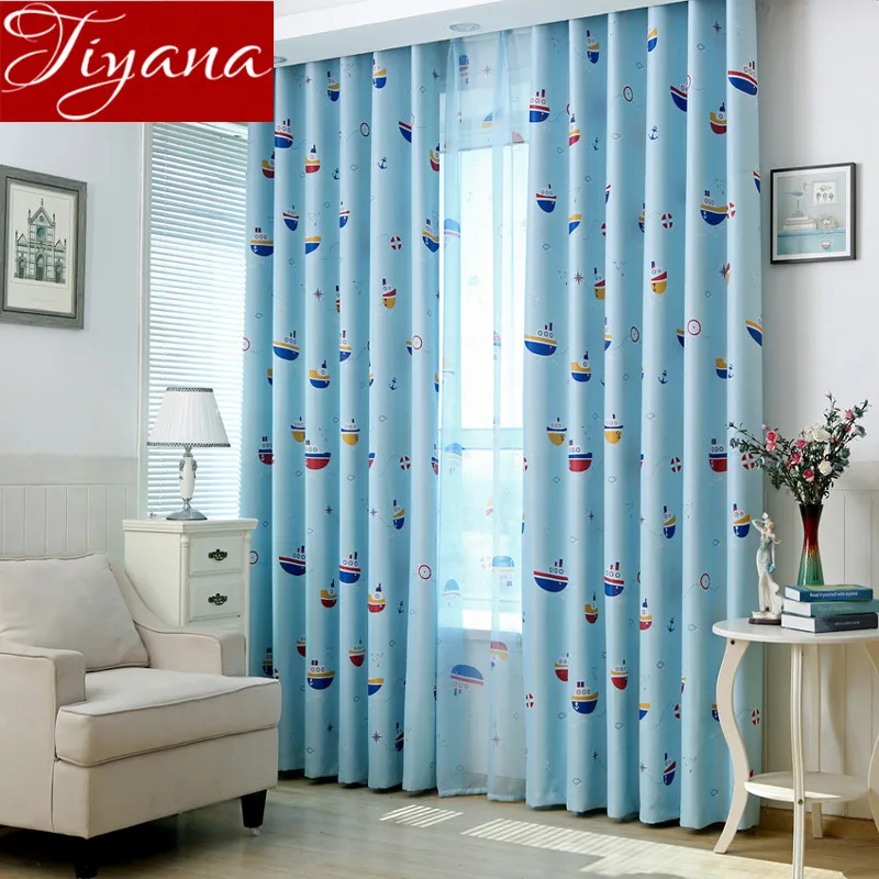 Boat Cartoon font b Curtains b font Printed Voile Sheer Window Screen Yarn Kids Boys Room
