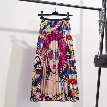 

2020 Summer Pleated Cartoon Print Women Skirts Elastic High Waist Boho Femme Long Skirt Fashion Streetwear Female Casual Bottoms