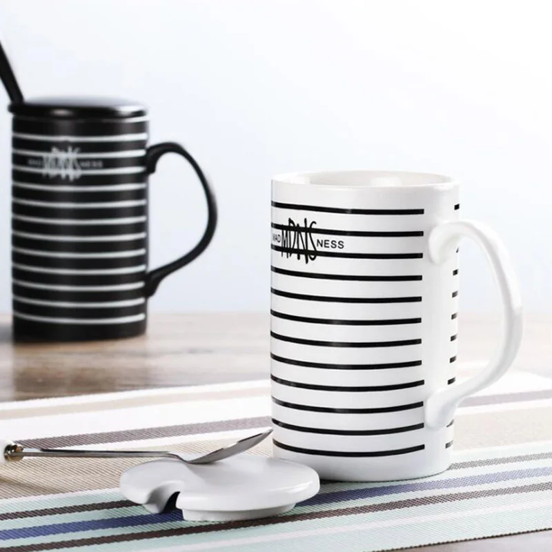 

Stripe Style Morning Mug with Lid and Spoon High Quality Ceramic Coffe Milk Mugs Good Gift for Friends 350 ml SH152