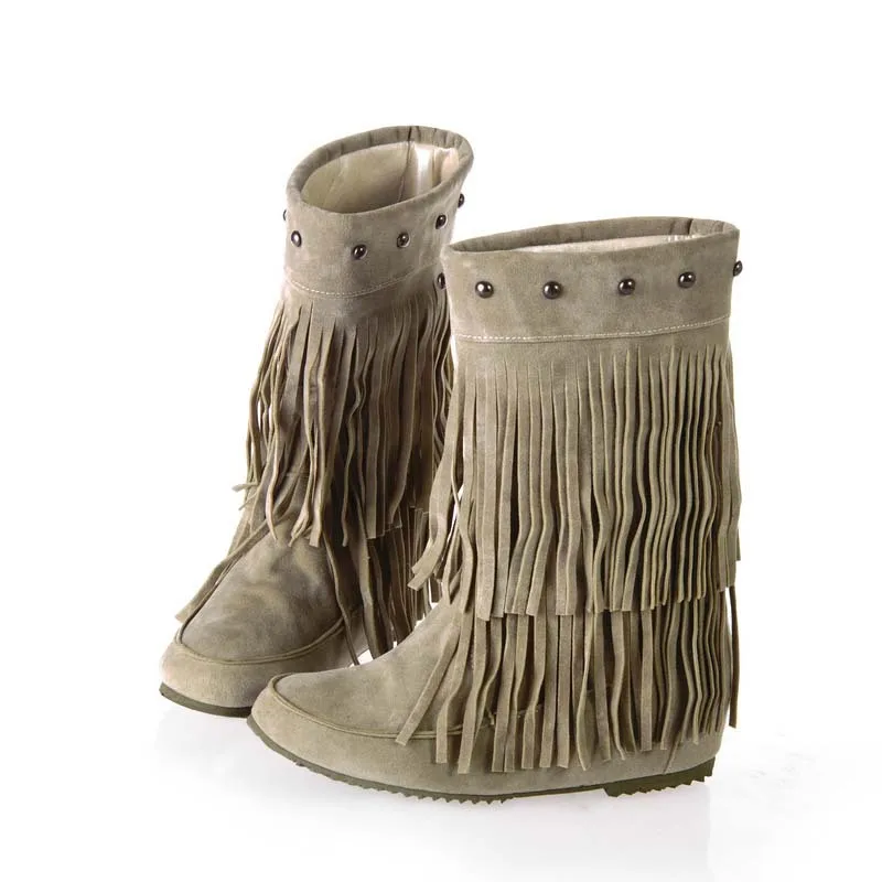 Big Size 34-43 Women's 3 Layer Fringe Tassels Decoration Rivets Low Heel Winter Boots Mid-Calf snow boots Shoes - Цвет: Бежевый