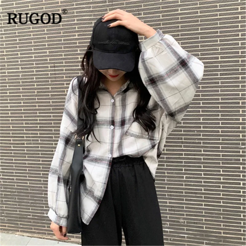Женские офисные рубашки RUGOD корейские повседневные в клетку с отложным