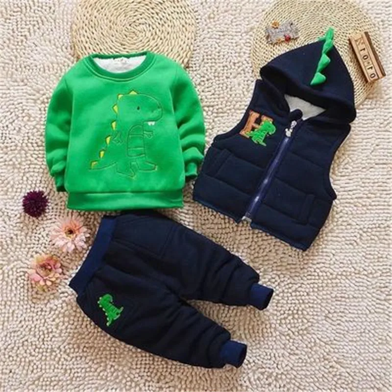 Зимний костюм для малышей спортивный костюм из 3 предметов для мальчиков Теплый костюм с динозавром из мультфильма для маленьких мальчиков 0-1234 лет - Цвет: Зеленый