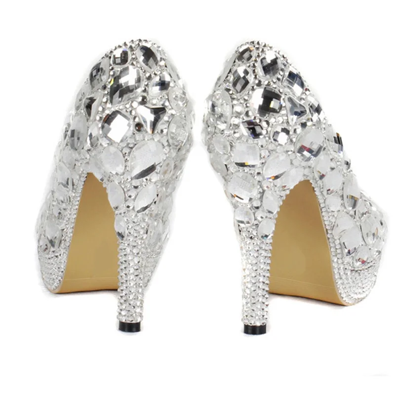 Роскошные вечерние туфли Серебряные туфли на платформе с кристаллами Туфли к вечернему наряду свадебные туфли туфли для выпускного бала на высоком каблуке ручной работы с бриллиантовыми стразами