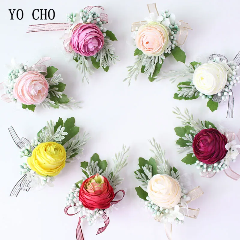 

YO CHO Wrist Corsage Silk Flower Artificial Roses Cuff Bracelets Bridesmaid White Pink Wrist Corsages Wedding Marriage Flowers