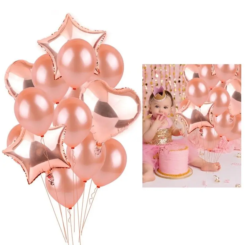 14Pcs Rose Gold Foil Balloon Set Helium Confetti Love Birthday Wedding Party Decor