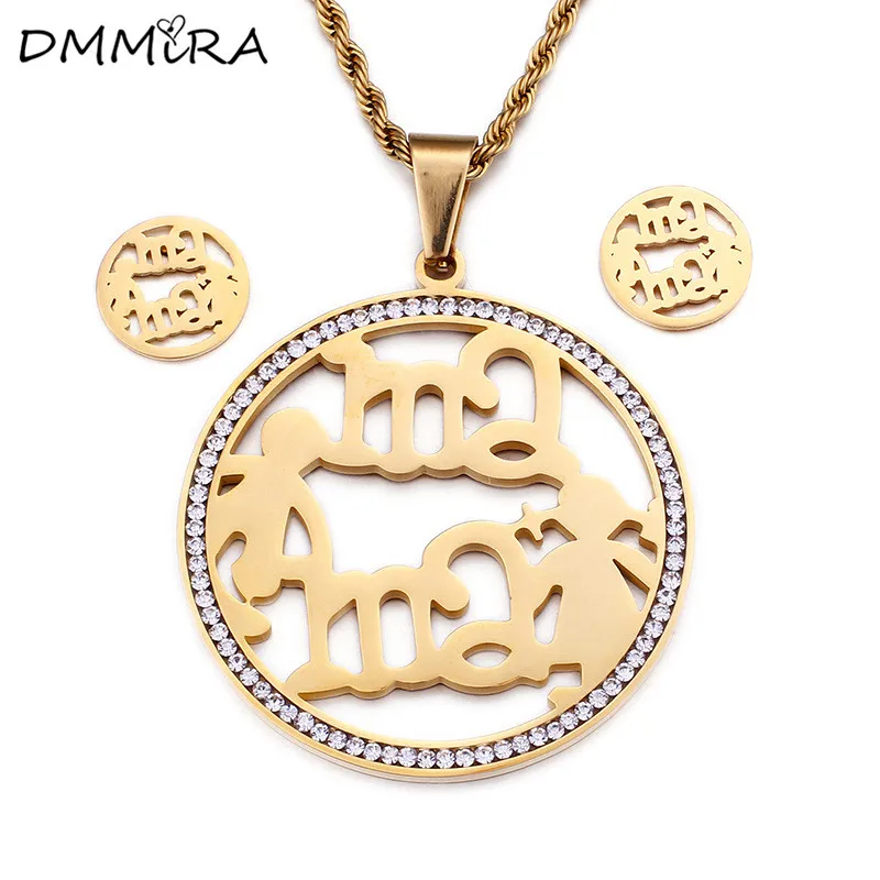 

Hot Sale Fashion Women Silver Gold Stainless Steel Round Mama Boy Girls Crystal Necklace Earrings Jewelry Sets for Mother Gift