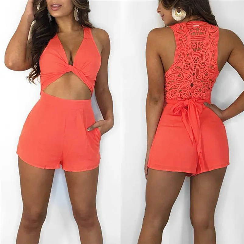 2018 summer jumpsuit woman Sexy Solid Strapless Lace Bandage Ruffled V-Neck Short Pants Playsuit pantaloni siamesi A16#N (10)