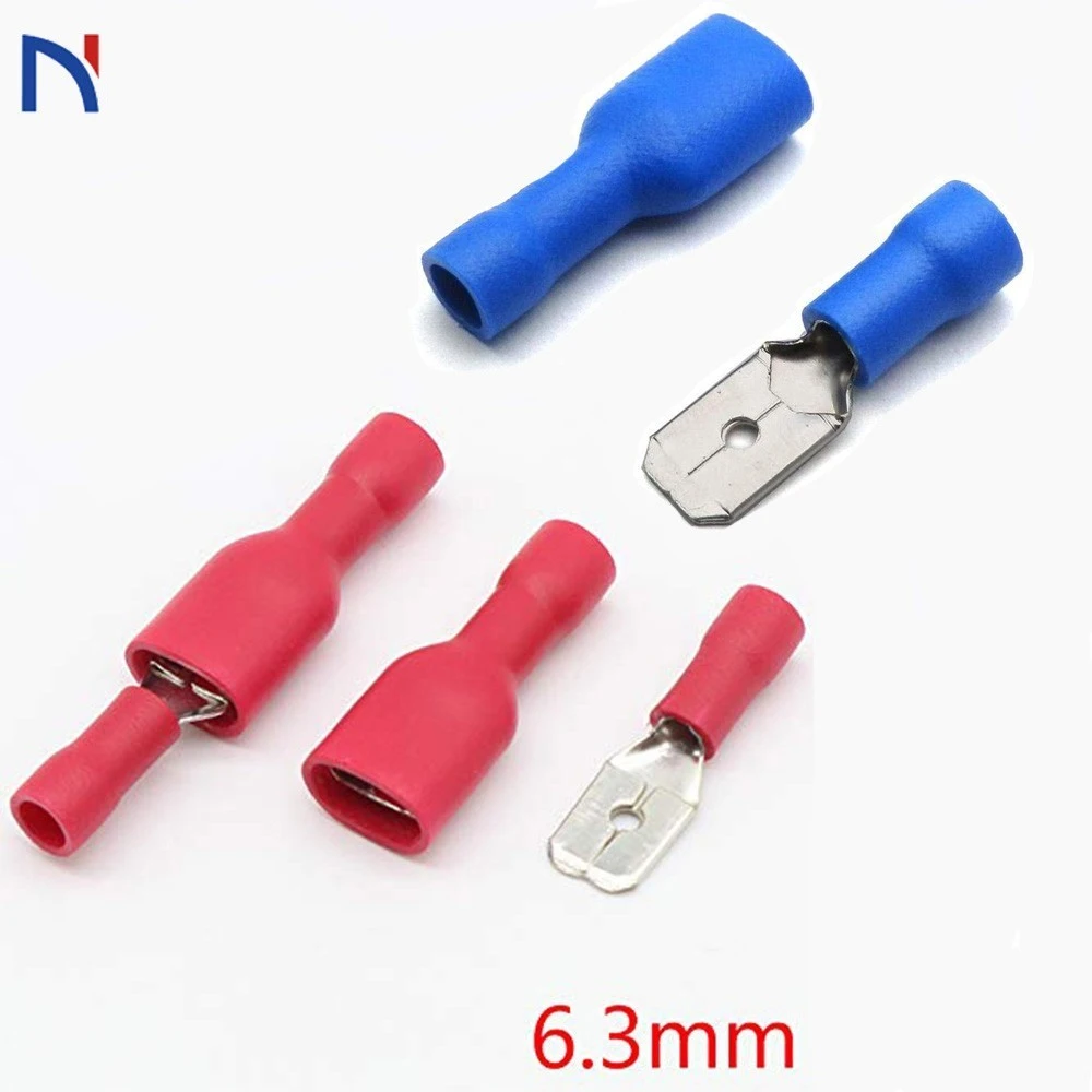 

100pcs FDD 1.25-250 MDD 6.3mm Red Blue Female + Male Spade Insulated Electrical Crimp Terminal Connectors Wiring Cable Plug