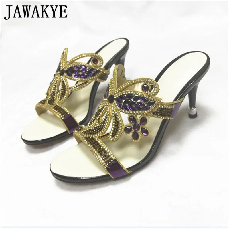 

Summer Rhinestone mixed color slippers woman open toe genuine leather thin heel shoes women hollow bow diamond slippers female