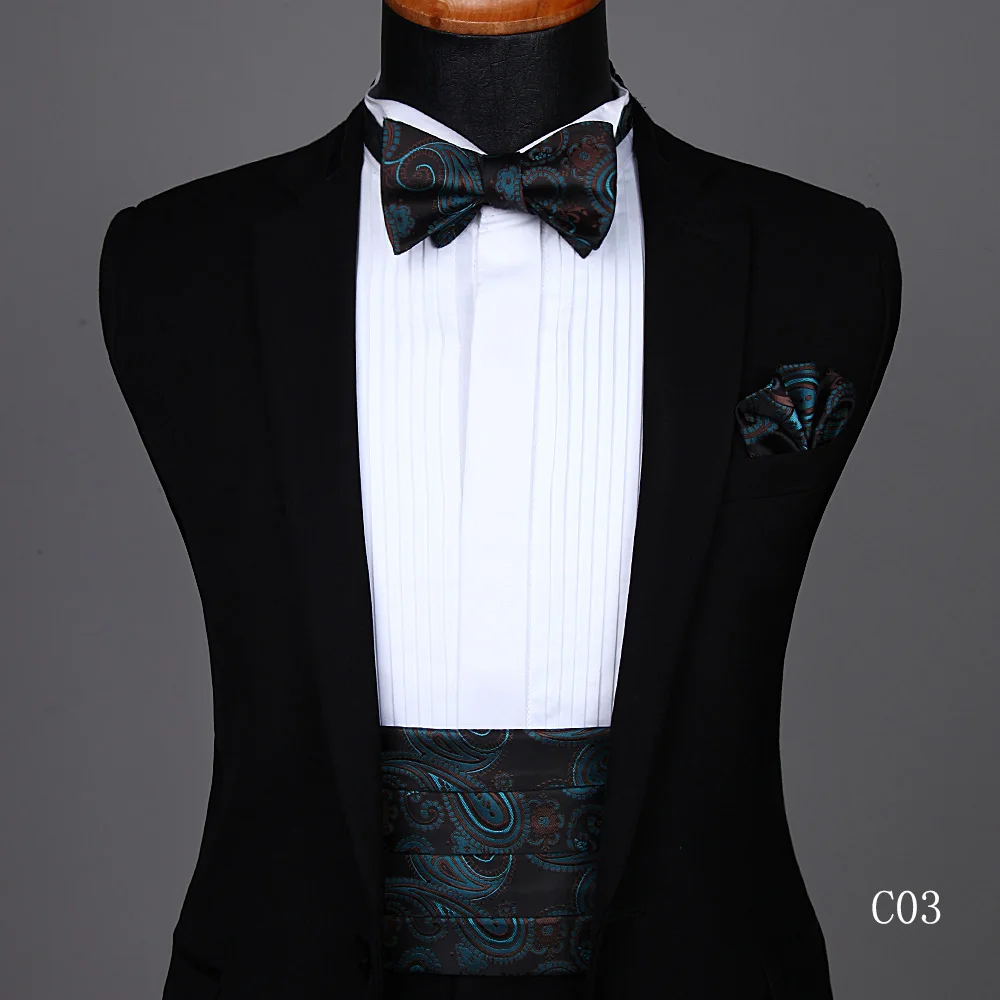 Вечерние, свадебные, мужские, формальные, с узором "пейсли", одноцветные, широкий пояс, галстук-бабочка и карман, квадратный галстук-бабочка - Цвет: C03