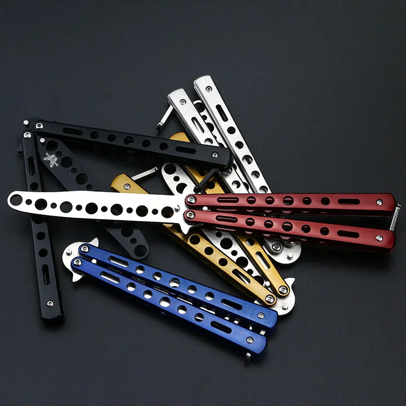 Negro de plata de acero inoxidable práctica mariposa en cuchillo Formación Cuchillo plegable herramienta al aire libre Camping cuchillo de auto-defensa cuchillo