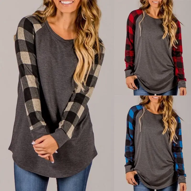 

Raglan T Shirts for Women Long Sleeve O-neck Ladies Casual T-Shirt Tops Plus Size S-5XL 2018 Female Plaid