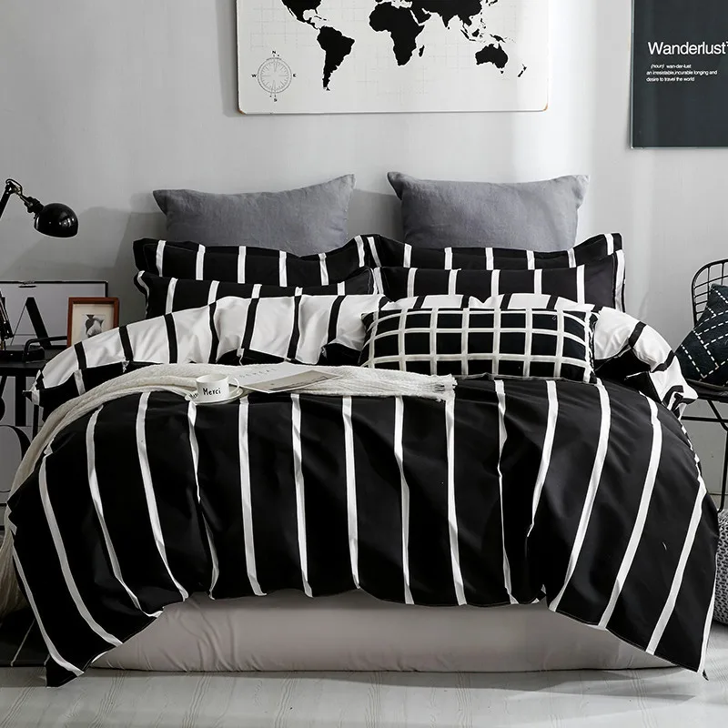 

Black And White Stripe Pattern Polyester Bedding Set Superfine Fiber Winter Thickening Bed Linens 4Pcs Duvet Cover Set Bed Sheet
