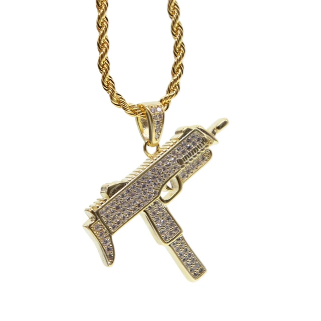 3AA+ CZ Gun Jesus Big Circle Hop Hip Ice Out Necklace Pendant Real Gold  Plated