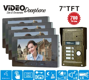 

ZHUDELE Top Quality intercom system for 4-apartments Monitor 7" Video Door Phone 700TVL HD IR Camera with RFID panel in stock