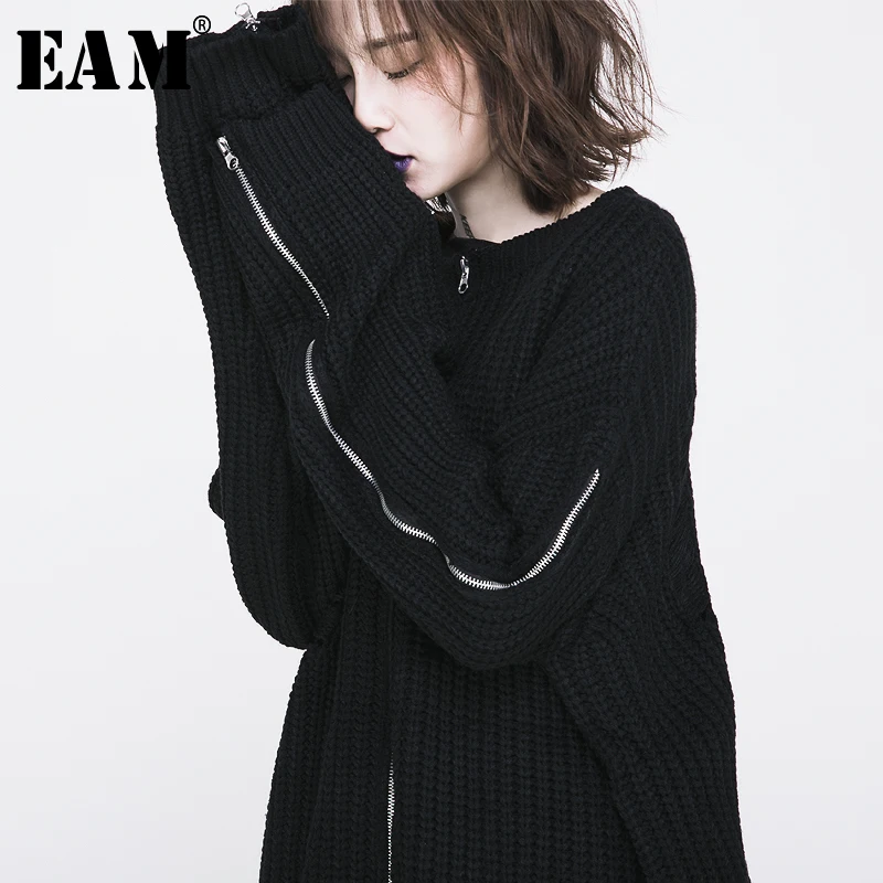 

[EAM] 2019 New Autumn Winter Long Batwing Sleeve Zippers Black Loose Knitting Jacket Women Coat Fashion Tide All-match JY515