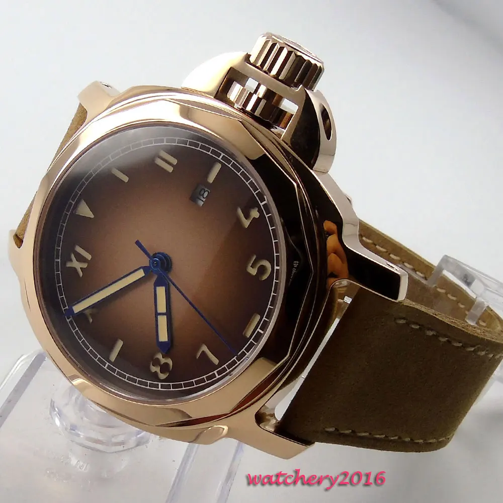

44mm Parnis Brown dial Date Rose Golden Case Sapphire Crystal top brand luxury automatic Mechanical Men's Wristwatches
