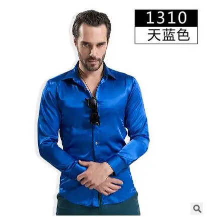 Men's Shirt Shirts Business Casual Buro Sparkle Satin Slimfit Fitted New - Цвет: Небесно-голубой