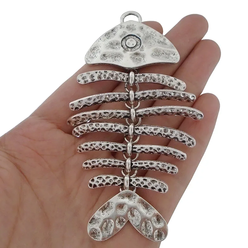 3 x Antique Silver Metal Large Hammered Fish Bone Fish Skeleton Charms