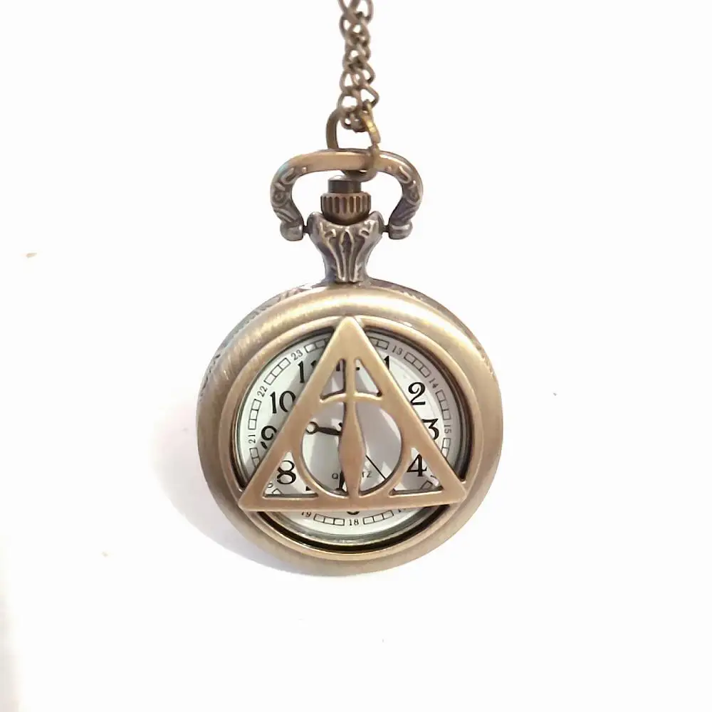 

Vintage The Deathly Hallows Quartz Pocket Watch Bronze Triangle Hollow Pattern Pendant Clock With Chain Children Gift