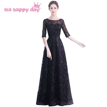 

robe de mariage long black red tulle lace half sleeve floor length bridesmaid sleeves bridemaid dresses from china H4220