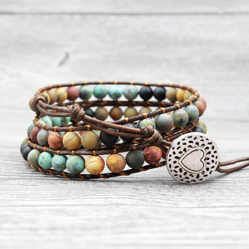 

Women Bohemian Boho Bracelets Vintage Leather and Natural Stone 3 Multi-layer Strands Woven Handmade Wrap Bracelets Heart Charm