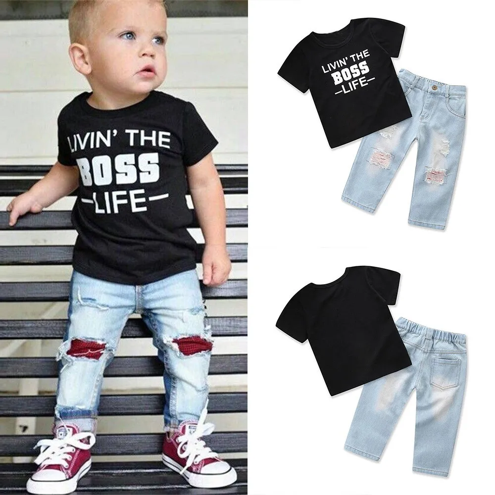 

Kids Summer Clothes Toddler Boy Clothes 3 years Letter Print T-shirt Tops+Hole Jeans Denim Pants+Headband Set vetement garcon